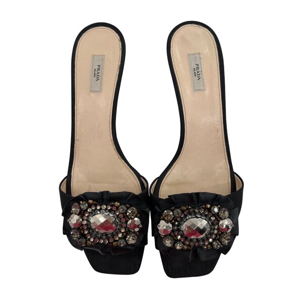 Prada‎ Black Satin Embellished Open Toe Mules EU 36.5 6.5 US Made In Italy - Picture 1 of 7
